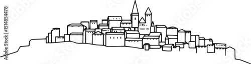 Old Town Landscape. Vintage, retro, wood carved patterns. Hand drawn vector illustration	