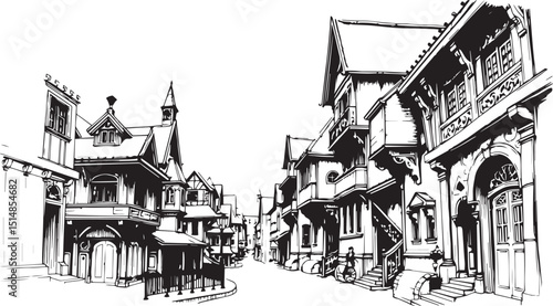 Old Town Landscape. Vintage, retro, wood carved patterns. Hand drawn vector illustration	