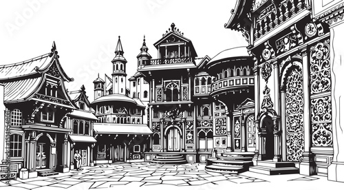 Old Town Landscape. Vintage, retro, wood carved patterns. Hand drawn vector illustration	