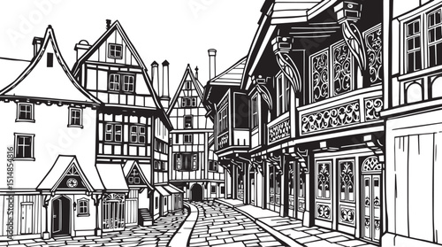 Old Town Landscape. Vintage, retro, wood carved patterns. Hand drawn vector illustration	