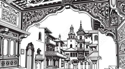 Old Town Landscape. Vintage, retro, wood carved patterns. Hand drawn vector illustration	