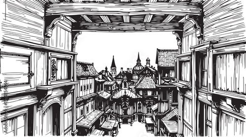 Old Town Landscape. Vintage, retro, wood carved patterns. Hand drawn vector illustration	