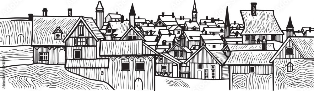 Fototapeta premium Old Town Landscape. Vintage, retro, wood carved patterns. Hand drawn vector illustration 
