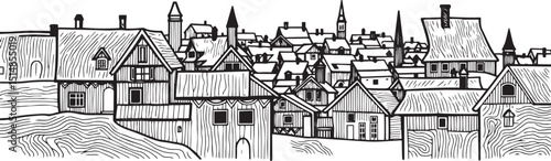 Old Town Landscape. Vintage, retro, wood carved patterns. Hand drawn vector illustration	