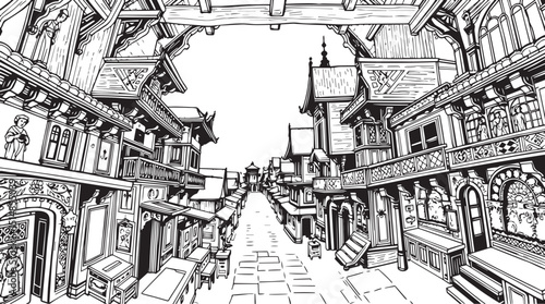 Old Town Landscape. Vintage, retro, wood carved patterns. Hand drawn vector illustration	