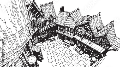 Old Town Landscape. Vintage, retro, wood carved patterns. Hand drawn vector illustration	