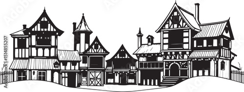 Old Town Landscape. Vintage, retro, wood carved patterns. Hand drawn vector illustration	