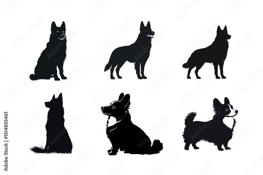 Six dog silhouettes sitting and standing poses Six dog silhouettes sitting and standing poses