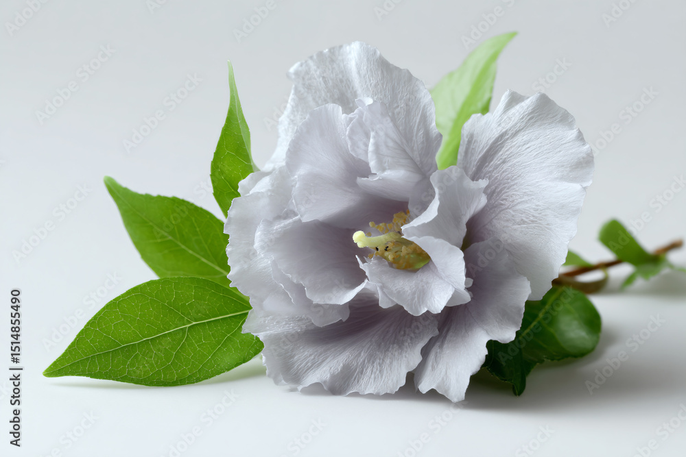 Fototapeta premium a white flower with green leaves on a white surface