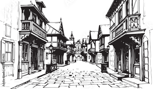 Old Town Landscape. Vintage, retro, wood carved patterns. Hand drawn vector illustration	