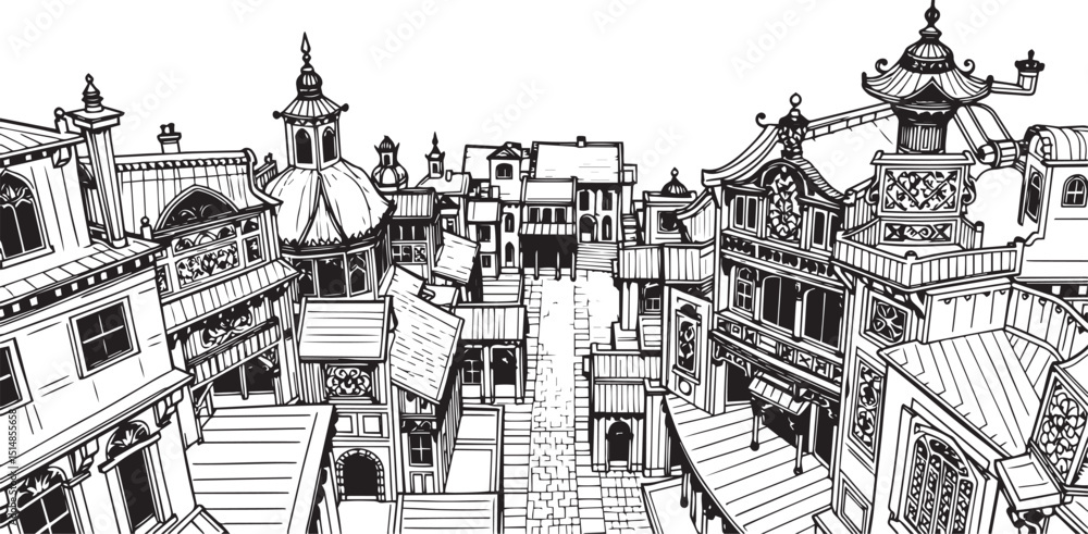 Obraz premium Old Town Landscape. Vintage, retro, wood carved patterns. Hand drawn vector illustration 