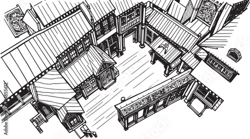 Old Town Landscape. Vintage, retro, wood carved patterns. Hand drawn vector illustration	