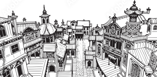 Old Town Landscape. Vintage, retro, wood carved patterns. Hand drawn vector illustration	