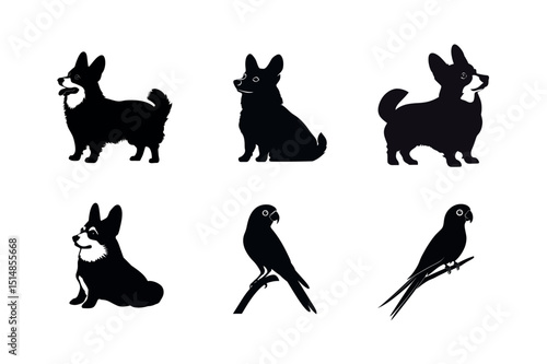 Six black silhouettes of corgis and parrots
