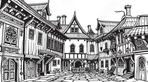 Old Town Landscape. Vintage, retro, wood carved patterns. Hand drawn vector illustration	