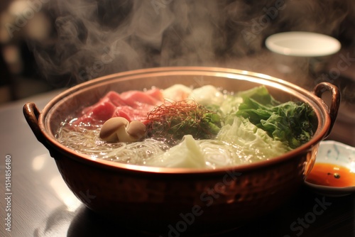 Sizzling Copper Pot Hot Pot with Beef, Cabbage, and Mushrooms in Oily Broth – 4K Photorealistic Asian Cuisine, Steam & Ingredient Texture for Food Blogs, Restaurant Menus, and Culinary Marketing
