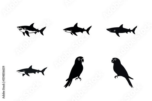 Shark and parrot silhouettes set graphic design