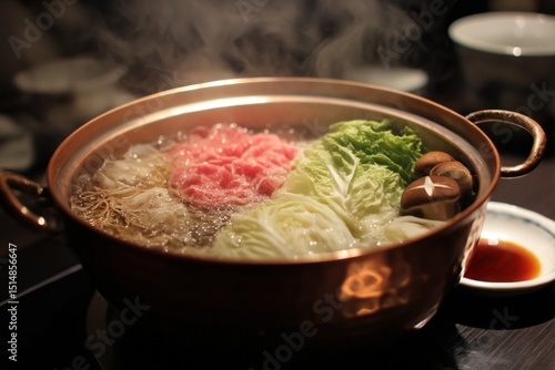 Sizzling Copper Pot Hot Pot with Beef, Cabbage, and Mushrooms in Oily Broth – 4K Photorealistic Asian Cuisine, Steam & Ingredient Texture for Food Blogs, Restaurant Menus, and Culinary Marketing