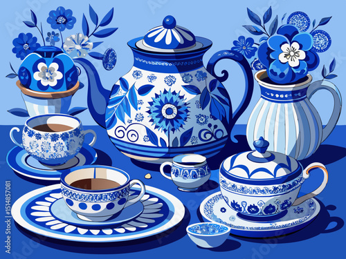 vector of A beautiful blue and white porcelain tea set set on a table that showcases intricate floral designs and handicrafts...