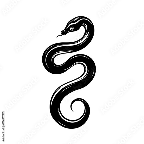 Stylized black snake in curled shape representing mystery danger mythology protection and animal symbolism in minimalist style