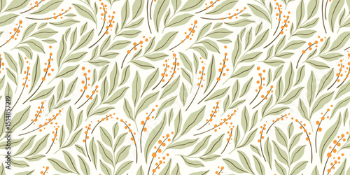 Seamless floral pattern, liberty style nature print, simple ornament of small hand drawn plants. Abstract botanical design with tiny green leaves, wild flowers on light field. Vector illustration.