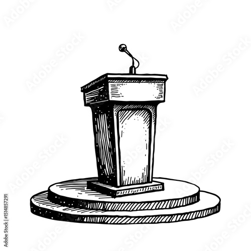 Hand drawn speaker podium with microphone representing public speaking conference leadership announcements politics and education