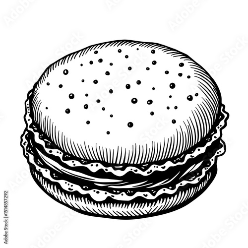 Hand drawn macaron with textured filling symbolizing French dessert sweet treat baking delicacy confectionery and patisserie
