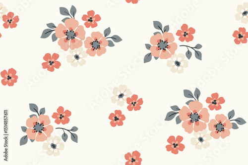 Seamless floral pattern, liberty ditsy print in delicate rustic, folk motif. Romantic botanical design of small hand drawn flowers, tiny leaves, simple bouquets in pastel colors. Vector illustration.