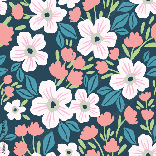 Seamless floral pattern, liberty ditsy print of cute simple plants. Fond botanical design of hand drawn large daisy flowers, small wildflowers, tiny leaves abstract on blue field. Vector illustration.