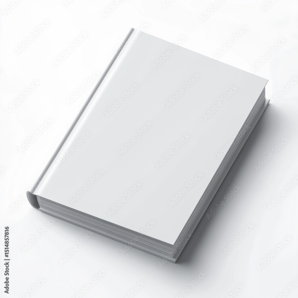 A plain, closed hardcover book with a blank white cover lies on a white surface, viewed from above. A plain, closed hardcover book with a blank white cover lies on a white surface, viewed from above.