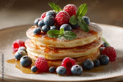 Golden Stacked Banana Pancakes with Blueberries, Raspberries & Maple Syrup on White Plate – 4K Photorealistic Breakfast Styling for Menus, Food Blogs, and Healthy Eating Campaigns