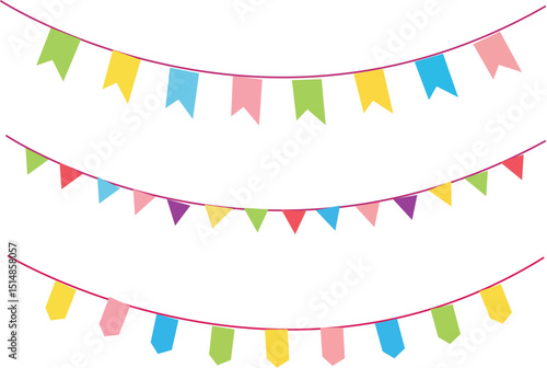 single line art buntings carnival garland Decorative colorful party pennants for birthday celebration,  Vector linear illustration isolated on white.