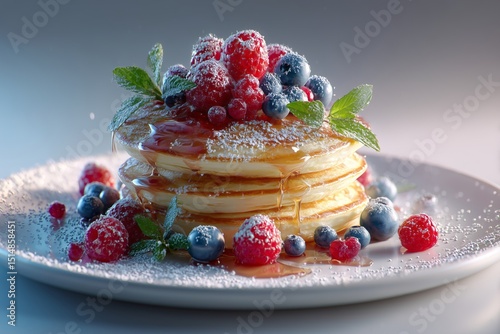 Golden Stacked Banana Pancakes with Blueberries, Raspberries & Maple Syrup on White Plate – 4K Photorealistic Breakfast Styling for Menus, Food Blogs, and Healthy Eating Campaigns