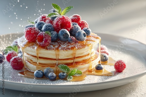Golden Stacked Banana Pancakes with Blueberries, Raspberries & Maple Syrup on White Plate – 4K Photorealistic Breakfast Styling for Menus, Food Blogs, and Healthy Eating Campaigns