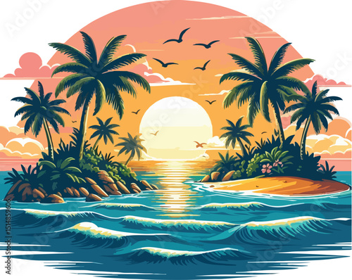 Tropical island with palm trees and sunset. Vector illustration