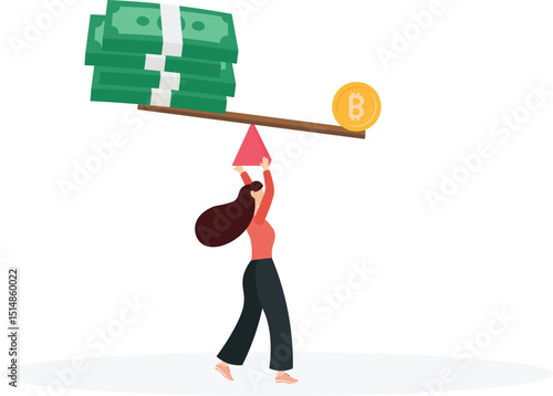 Bitcoin and crypto currency store of value compare to dollar fiat money, inflation reduce fiat value or investment asset choice concept.flat characters.