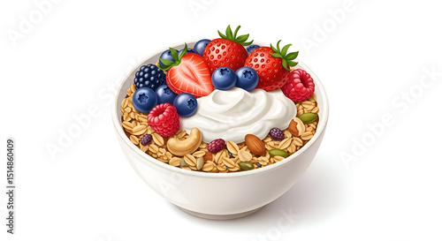 Illustration of a bowl of granola with yogurt and berries on a clean white background