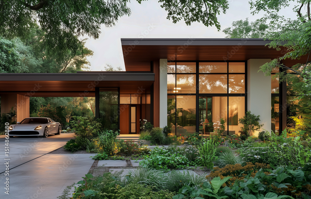 Obraz premium Modern architectural house surrounded by lush garden and greenery