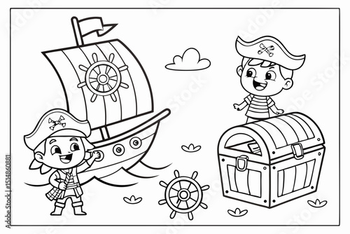 kids coloring page, pirates, cartoonish, friendly, thick outlines, no color