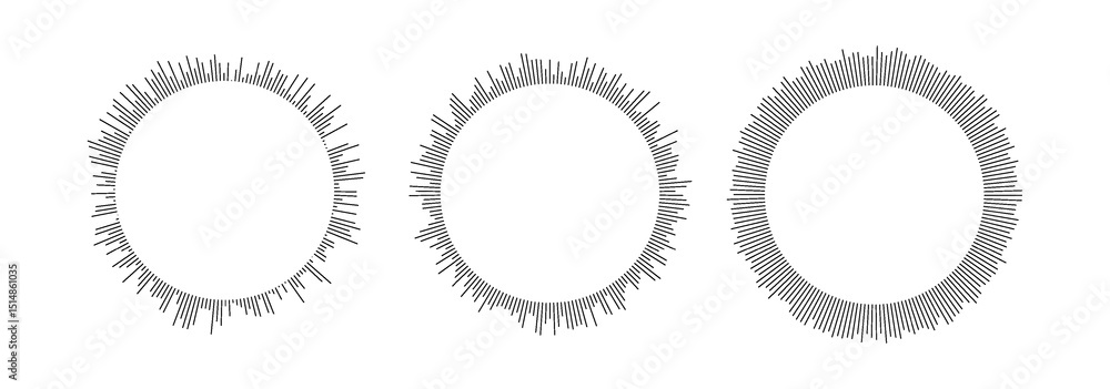 Fototapeta premium Circular sound waves. Circle sun burst beams collection. Vector black wavy soundwave center elements