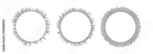 Circular sound waves. Circle sun burst beams collection. Vector black wavy soundwave center elements