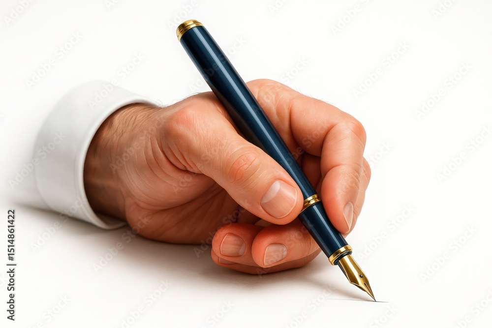 A hand writing with an elegant fountain pen on blank white paper for creative and business concepts A hand writing with an elegant fountain pen on blank white paper for creative and business concepts