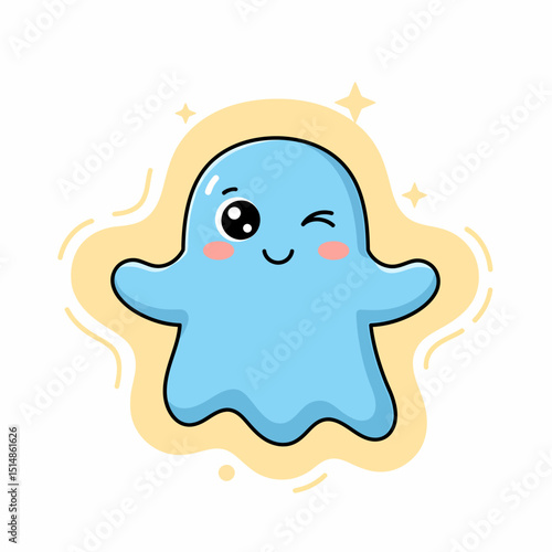 Cute Winking Blue Ghost Character Illustration