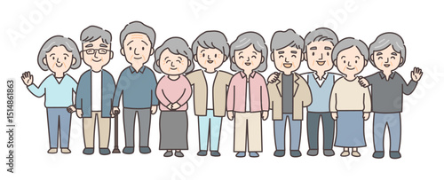 シニア男女10人が仲良く集まるイラスト