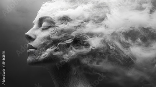 A surreal portrait of an elegant woman with her head made from swirling smoke