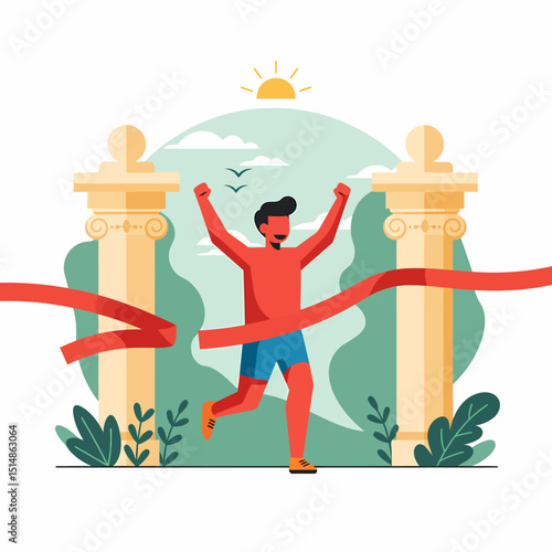 Marathon Runner Crossing Finish Line Celebrating Victory