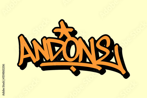 AndOne graffiti tag in bold orange with black outline on yellow background. Energetic basketball expression in urban street art style.great for sports visuals, hip hop design, and youth culture themes
