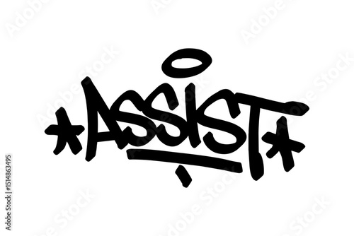 Assist graffiti tag in bold black lettering on transparent background. Sleek urban design perfect for basketball themes, street visuals, and modern graphic expression rooted in court culture.