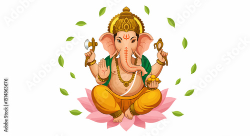 Ganesha Sitting On Lotus Indian God Of Wisdom And Prosperity