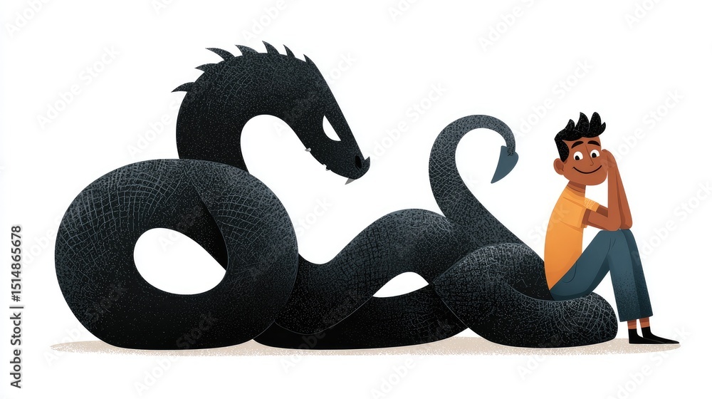 Obraz premium A simple, flat illustration depicting a smiling young man with black hair sitting on the ground. Behind him, an evil shadow monster with no face and a long tail is pulling his head down